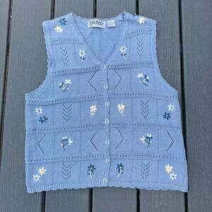 VTG blue floral embroidered knit vest, grannycore cottagecore bohemian farmcore